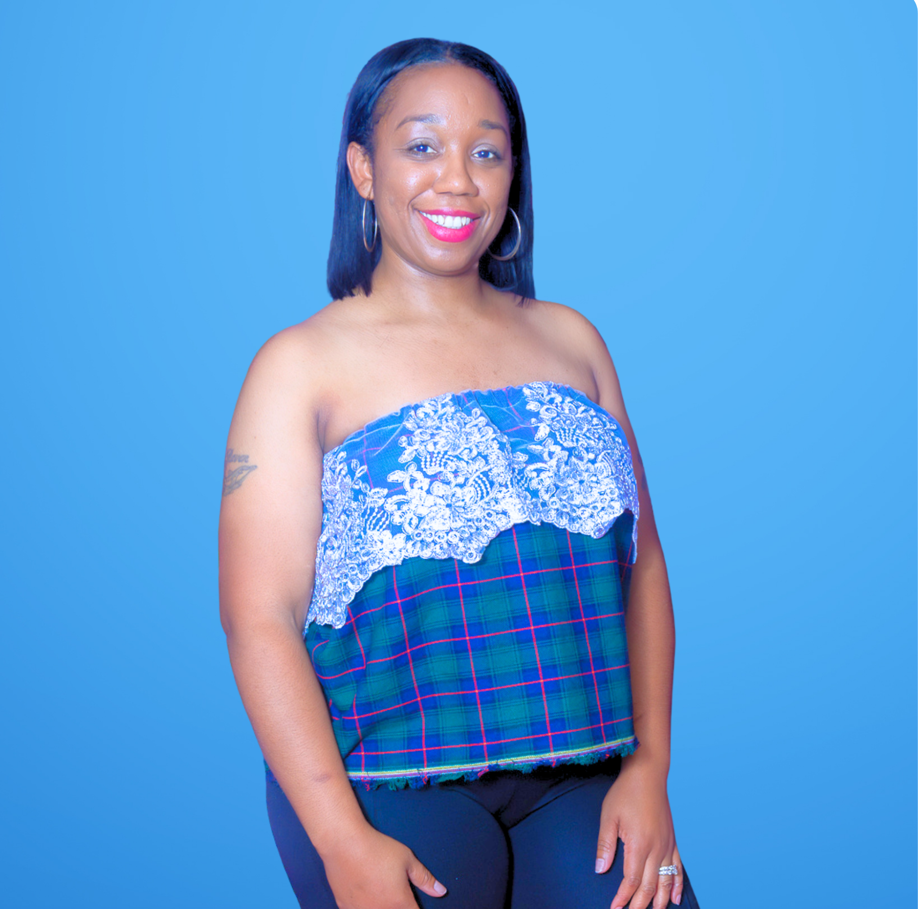 Plaid and Lace Strapless Blouse